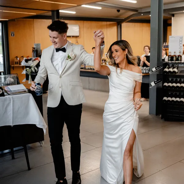 Happy bride and groom at reception