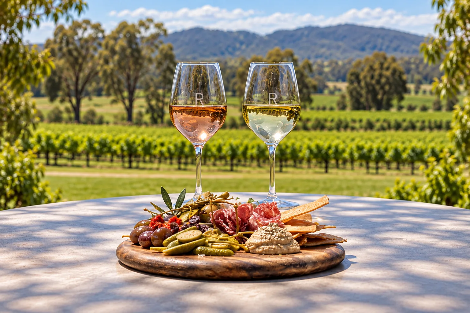 Rochford wine glasses and grazing board overlooking the vineyard
